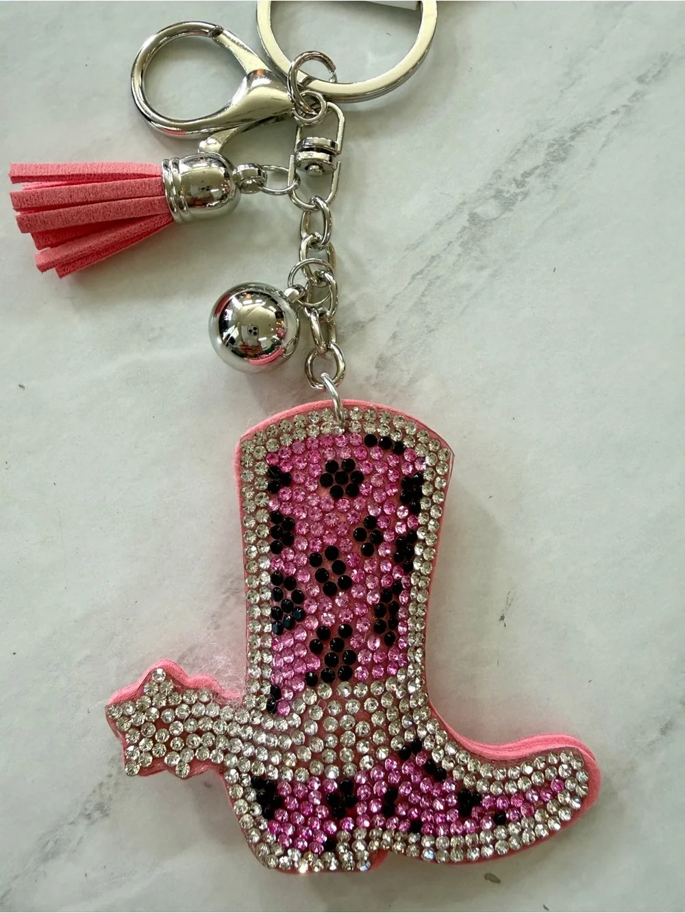 NWT Pink Leopard Rhinestone Cowgirl Boot Keychain & Bag Charm with Tassel